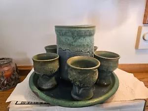 Handmade Set of Five Cups, Platter and PitcherVase. Teal/Blue. Wenta Art. - Picture 1 of 9