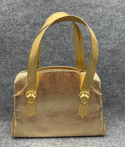 Vintage Gold Metallic Faux Leather Frame Purse Top Handle Structured Bag 60s - Picture 1 of 16