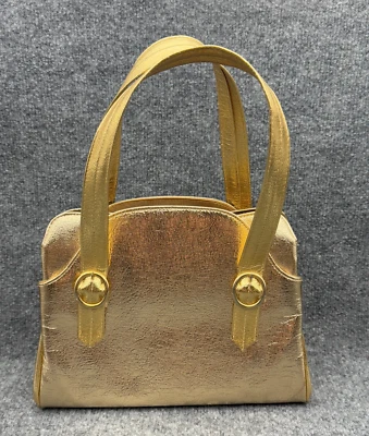Vintage Gold Metallic Faux Leather Frame Purse Top Handle Structured Bag 60s - Image 1 of 4