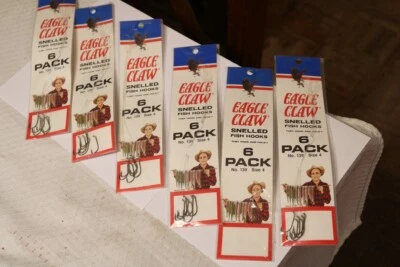 6 New Six Packs Eagle Claw Snelled Fishing Fish Hooks No. 139 Size 4 Made in USA - Image 1 of 2