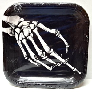 square paper party plate black w/ white skeleton hand Halloween 6.87 in. sealed - Picture 1 of 3