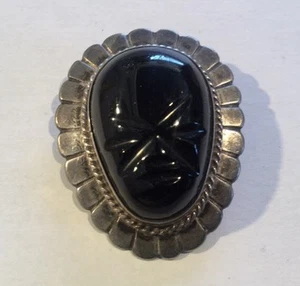 Vintage Made In Mexico Sterling Silver Black Carved Onyx Tribal Mask Brooch Pin - Picture 1 of 8