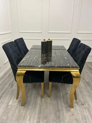 black And Gold marble dining table 2 meter With 8 Chairs - Image 1 of 2