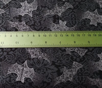 Halloween Mystery Manor Grey & Black Damask Bats  Fabric for Crafting Quilting - Image 1 of 2