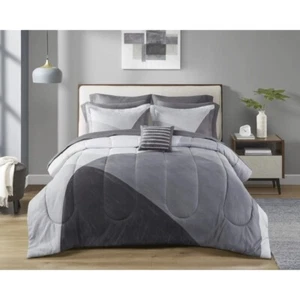 10 Piece Grey Color Block Bed in a Bag Comforter Set with Sheets Full Size - Picture 1 of 10