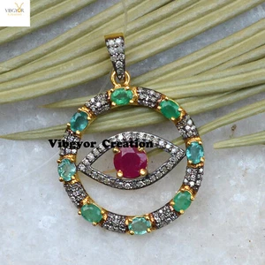 Pave Diamond Emerald Ruby Pendant 925 Silver Evil Eye Necklace Gold Plated Gift - Picture 1 of 3