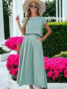 Two Piece Set Casual Short Sleeved Crop Top And Long Skirt - Picture 1 of 16