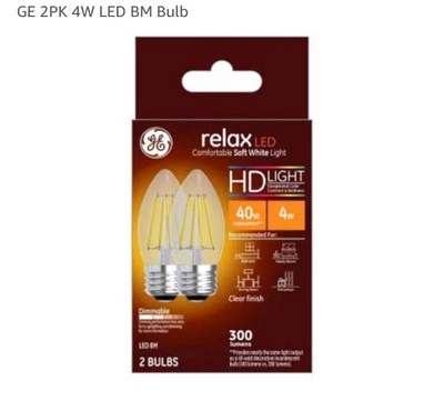 GE 2PK 4W LED BM Bulb Relax Soft Whote HD 40w Home Office Decor Dimmable - Image 1 of 3