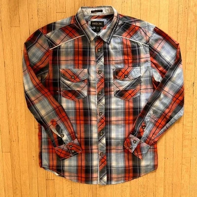 Helix Plaid Button Up Shirt Men Size M Red White Stitch Long Sleeve Athletic Fit - Image 1 of 4