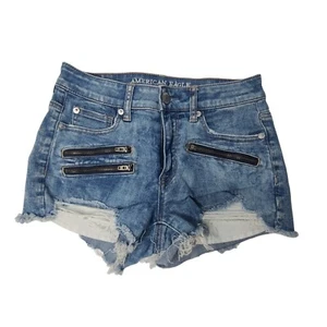 American Eagle Women SZ 4 Denim Jean Shorts Hi Rise Shortie Stretch Cut Off - Picture 1 of 12
