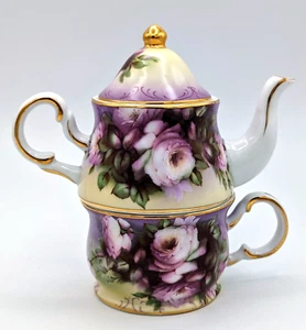 Vintage European Porcelain Purple Florals Stackable Tea for One Set Gold Accents - Picture 1 of 16