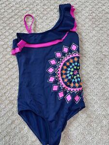 Lands' End Swimsuit Girl Size 12 Navy Blue Flower One Piece Modest Beach Youth 