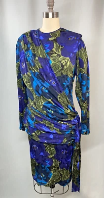 Vintage Dress SIZE SMALL 8 silk blue floral LOUBE classic drape sheath 80s 90s - Image 1 of 4