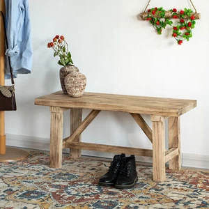 NEW Wooden Bench Entryway Organizer Retro Rustic Accent Seat Natural Wood - Picture 1 of 11