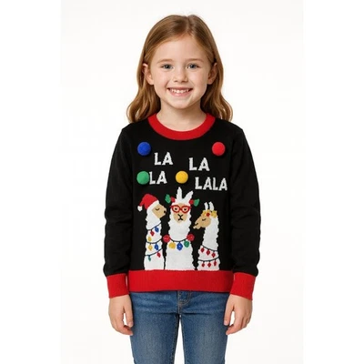 Little Girl’s Long Sleeve Christmas Sweater – Black with Festive Llamas – NWOT - Image 1 of 4