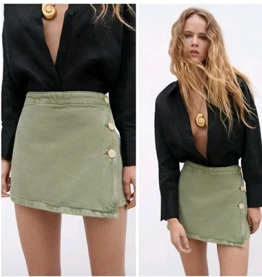 Zara Denim Skort In Khaki Green Size Large - Image 1 of 4