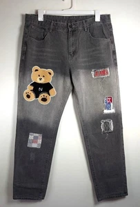 Streetwear Jeans Mens Size 40 Graphic Patch Teddy Bear Retro 90s Y2K Denim 40x32 - Picture 1 of 9