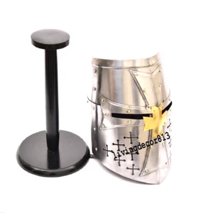 Medieval Templar Knight Crusader Black Stand Armor Close Helmet Rustic Home Dec - Imagen 1 de 3