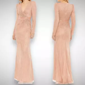 Mac Duggal Pailletten Wickelkleid Langarm Rosa Rose Faux Wickelkleid Kleid Größe 6 - Bild 1 von 10