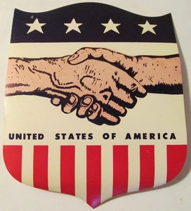 Decalcomania anni 60 Stati Uniti dAmerica Patriotic Shaking Hands 6" USA stemma - Foto 1 di 1