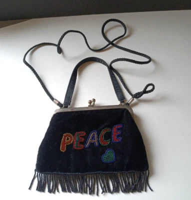 Vintage Velvet Beaded Clutch Fringe Handbag Purse Black Peace Sign Evening Party - Image 1 of 4