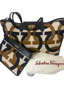SALVATORE FERRAGAMO - Gancini Canvas Shoulder / Tote Bag w/Pouch - Picture 1 of 6