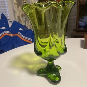 Vtg Green Viking Art Glass Swung Vase 10.5" tall Tri Foot - Picture 1 of 5