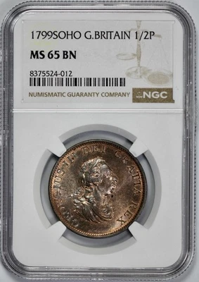 1799 SOHO Great Britain 1/2P Half Penny NGC MS 65 BN - Image 1 of 4