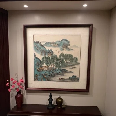 Pintura de paisaje tradicional chino enmarcada en estilo Shan Shui Foto 1 de 4