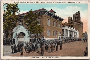 Vintage DAVENPORT, Iowa Postcard Radio Station WOC / Palm School of Chiropractic - Picture 1 of 2