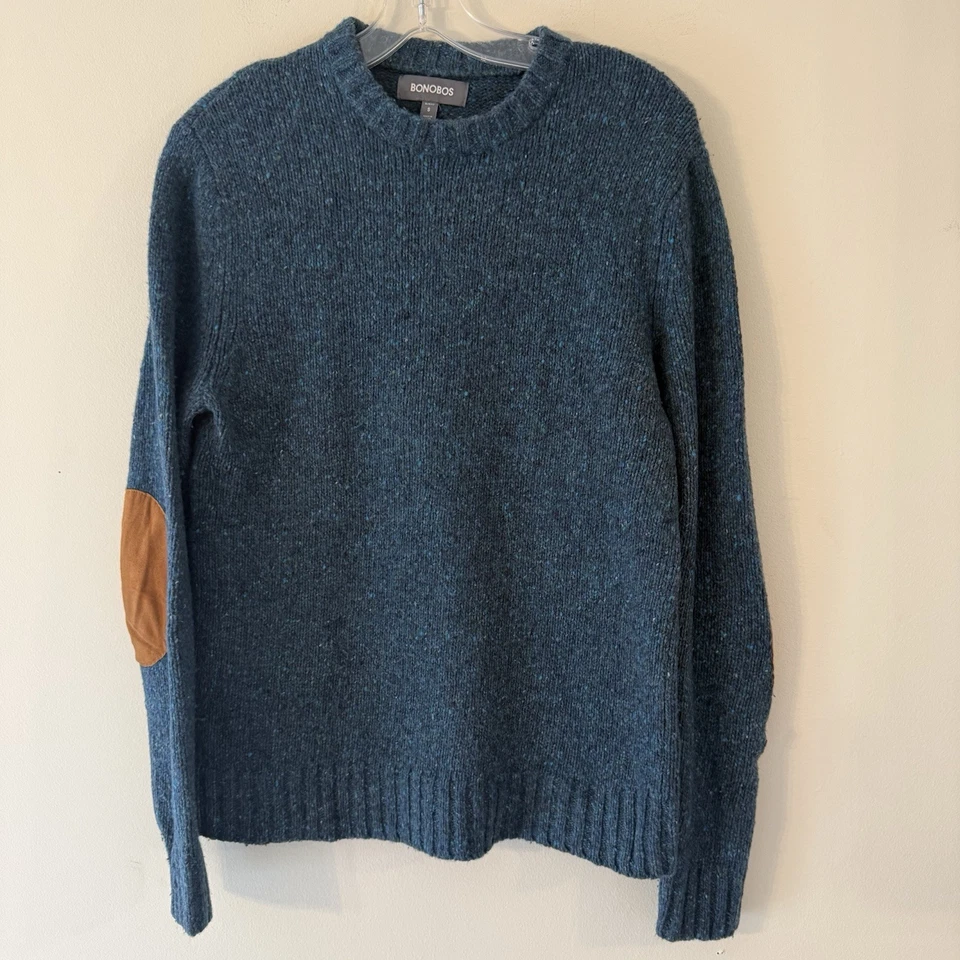 Suéter masculino Bonobos pequeno azul-petróleo slim fit lã merino alpaca mistura cotovelo remendos - Imagem 1 de 4