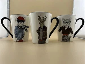 Signature Housewares Animal Hipster Stoneware Set Of 3 Mugs Cat, Deer, Dog - Picture 1 of 7