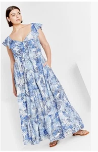 City Chic Blue Blushing Beauty Maxi Dress 12 Linen Blend Ruffle Artsy Paisley - Picture 1 of 7