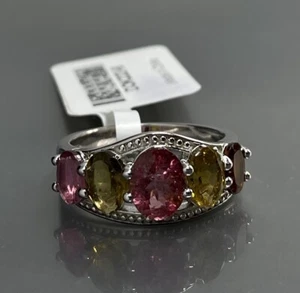 YGI Sterling 925 Rhodium Plated Oval Multicolor Tourmaline Women’s Size 8 Ring - Picture 1 of 13