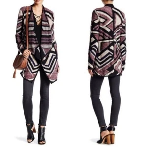 Cárdigan tejido intarsia Lucky Brand gris cascada estampado geográfico suroeste boho L - Imagen 1 de 9