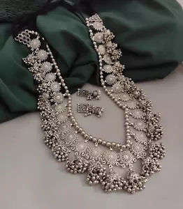Handmade Silver Plated Indian Long Ghungroo Jhumka Necklace Set for Women - Picture 1 of 3