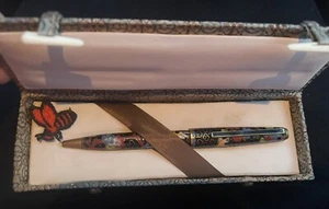 Seltener Vintage japanischer Emaille Blumen Stift im stoffbezogenen Etui - Bild 1 von 11