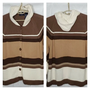 Crazy Horse LIz Claiborne Brown Striped Hooded Knit Cardigan Size 2X - Picture 1 of 11