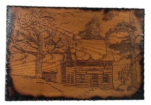 Vintage Wood Carved Picture Cabin Mountains Pines 17” X  11” X 1” Thick hay B37 - Picture 1 of 8