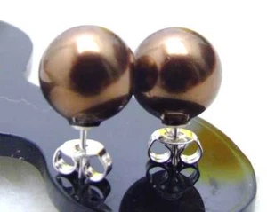 10mm Round Brown Sea Shell Pearl Earring for Women Jewelry Silver S925 Stue e278 - Picture 1 of 4