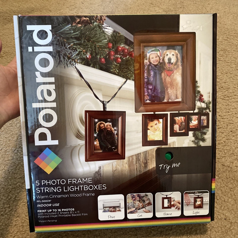 Polaroid 5 Photo Frame String LED Lightboxes Warm Cinnamon Wood