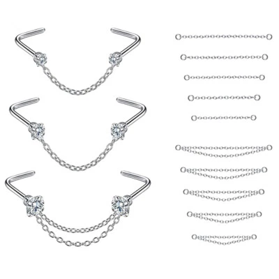 Anillos para nariz 20G 2-3 mm circonita cúbica tachuelas para nariz con cadena piercing para fosa nasal de acero inoxidable Foto 1 de 4