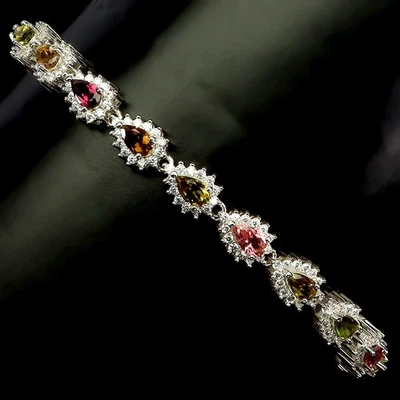 925 Sterling Silver Bracelet Pear Tourmaline 5x3mm Gemstone Jewelry 10inches - Image 1 of 4
