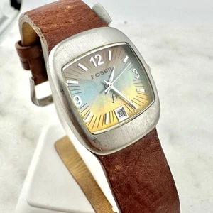 Rare Women’s Fossil Rainbow Mother of Pearl Dial ES-9583 Leather Watch, Working - Picture 1 of 12
