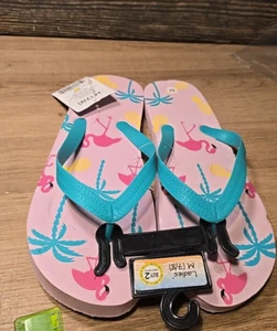 Ladies Pink Flip Flops Flamingo Palm Tree Pineapple 7/8 - Picture 1 of 4