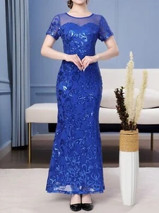 Women's 1920s vintage slim fit sequined evening gown round neck dress - Picture 1 of 10