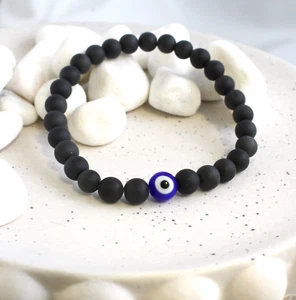 Greek Turkish Matte Black Obsidian Stone Greek Turkish Stretch Mens Bracelet - Picture 1 of 4