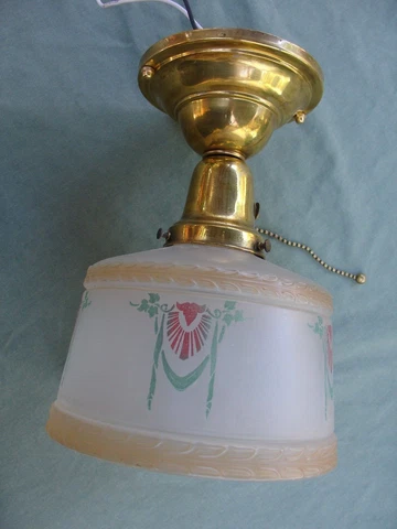 Ceiling  Fixture, Pendant  1920 Antique, Deco Glass Shade, Pull chain switch Cover