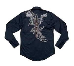 Roper Men’s Small Black Revolver Embroidered Black Pearl Snap Western Shirt - Picture 1 of 7