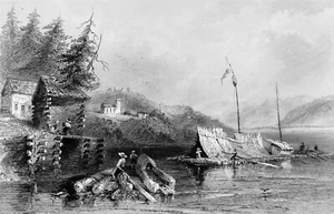 CANADA (QUEBEC) - FLOTTAGE: TRAIN de BOIS sur le LAC CHAUDIÈRE - Gravure du 19e - Imagen 1 de 2